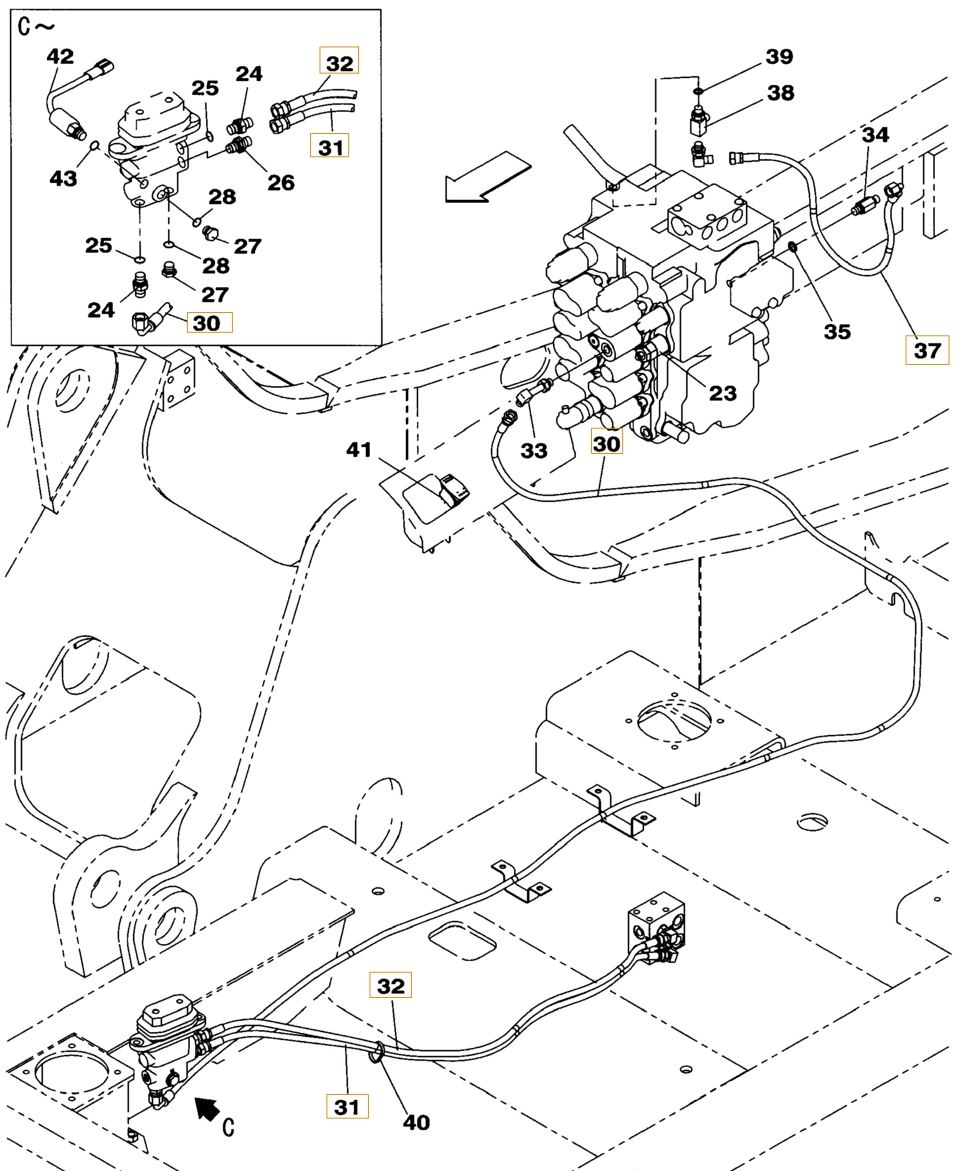 Case CX160B installation diagram showing hydraulic hose KHJ2050 at Pipe No. 31