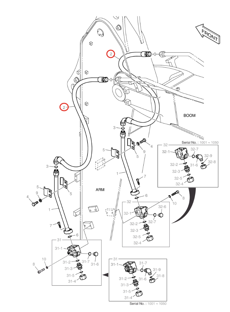 Doosan DX160LC-3 installation diagram showing hydraulic hose DS2053796 at Pipe No. 2