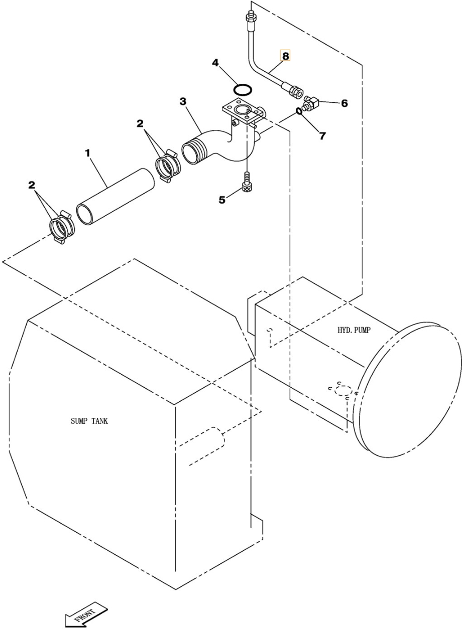 Case CX350 installation diagram showing hydraulic hose KSJ2868 at Pipe No. 8