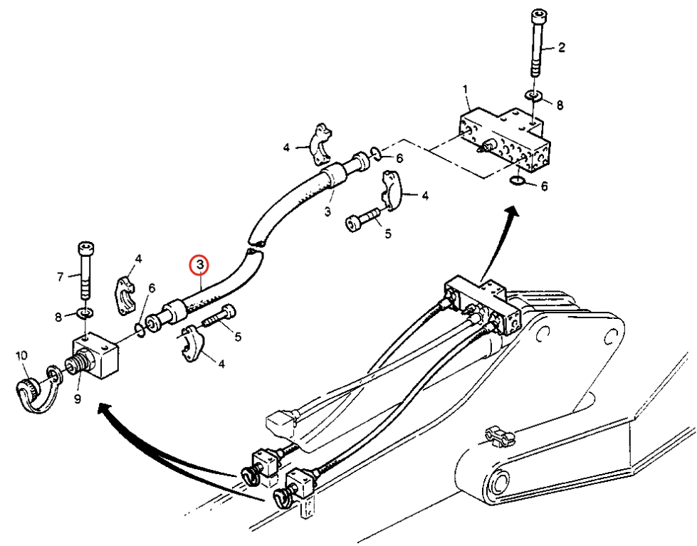 Caterpillar CAT®211B installation diagram showing hydraulic hose 8U-4953 at Pipe No. 3