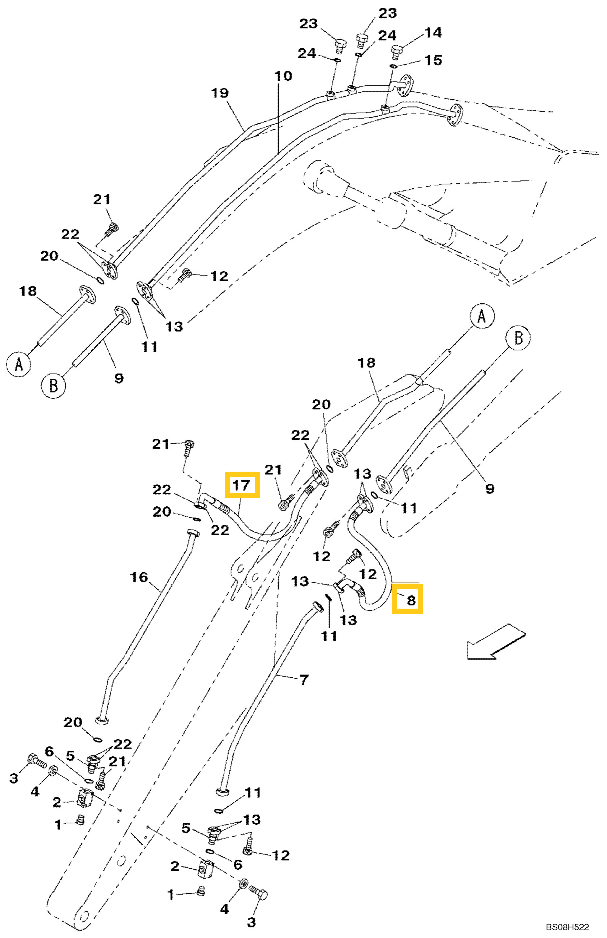 Case CX470B installation diagram showing hydraulic hose KBV16090 at Pipe No. 17