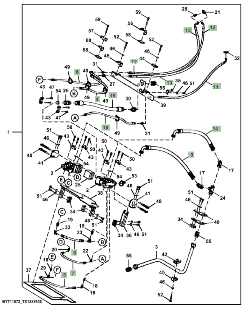 Hitachi ZX370F-FE-6N installation diagram showing hydraulic hose 4636420 at Pipe No. 5
