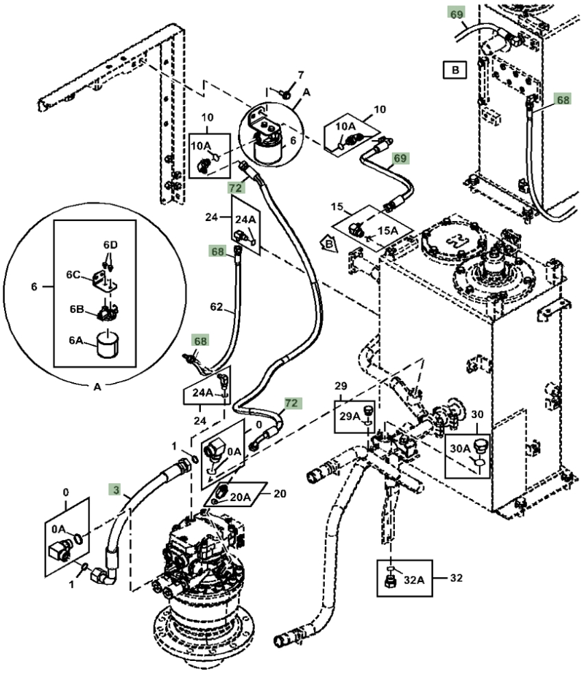 Hitachi ZX75US-5N installation diagram showing hydraulic hose 4613763 at Pipe No. 69
