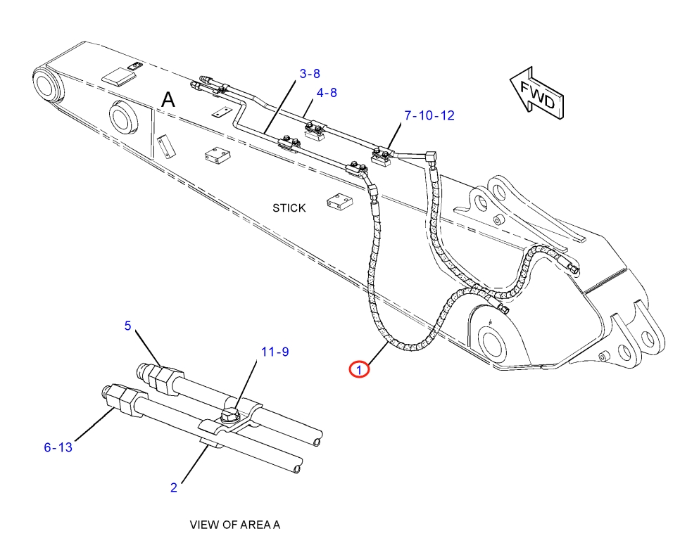 Caterpillar CAT®316E L installation diagram showing hydraulic hose 177-8407 at Pipe No. 1