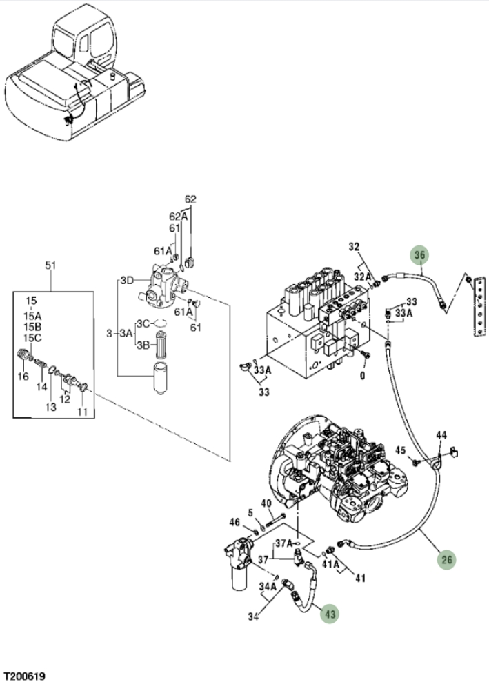 Hitachi ZX250F installation diagram showing hydraulic hose 4437930 at Pipe No. 26