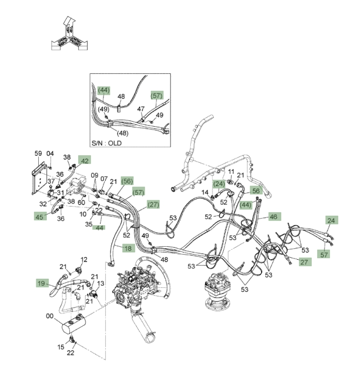 Hitachi ZX120-3 installation diagram showing hydraulic hose 4480078 at Pipe No. 45