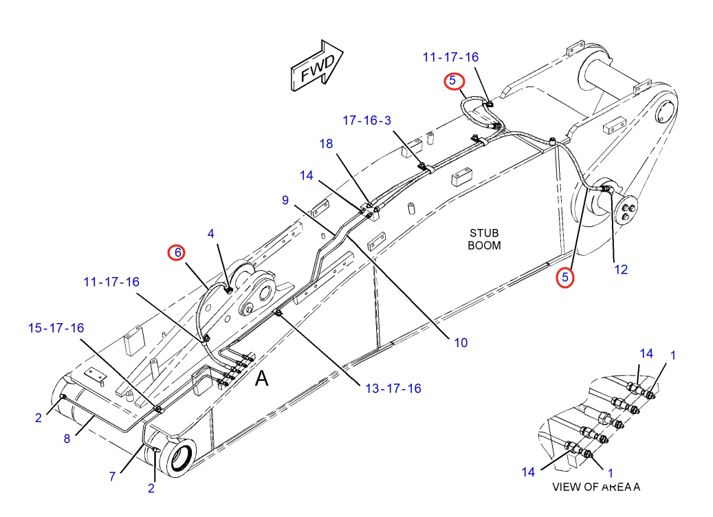 Caterpillar CAT®316F L installation diagram showing hydraulic hose 364-4992 at Pipe No. 6
