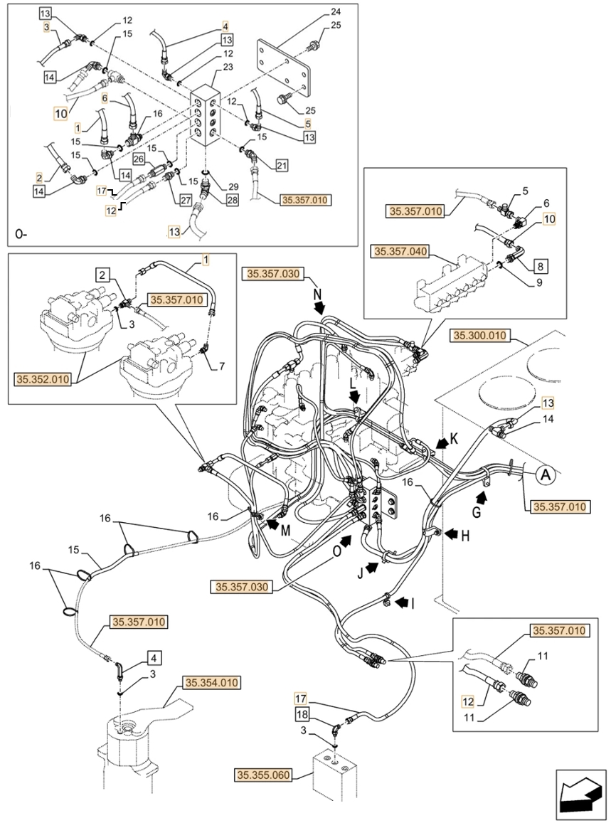 Case CX750D RTC installation diagram showing hydraulic hose KHJ2308 at Pipe No. 17