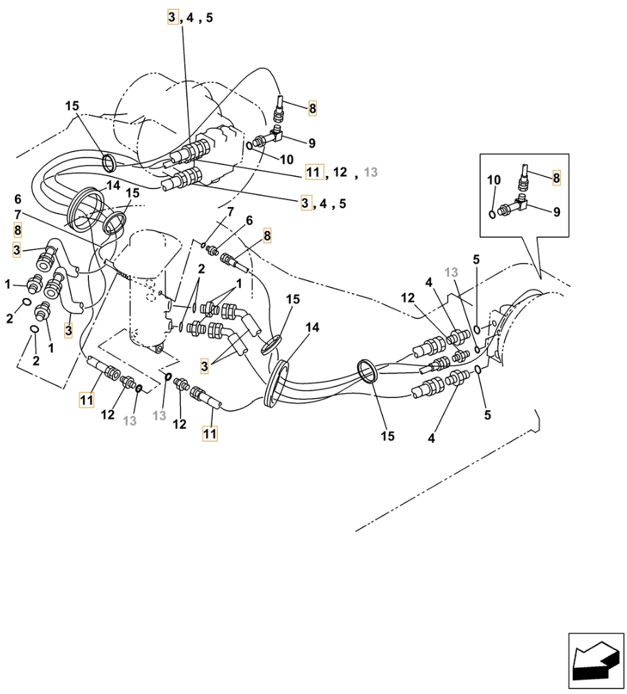 Case CX210C LC installation diagram showing hydraulic hose 152435A1 at Pipe No. 11