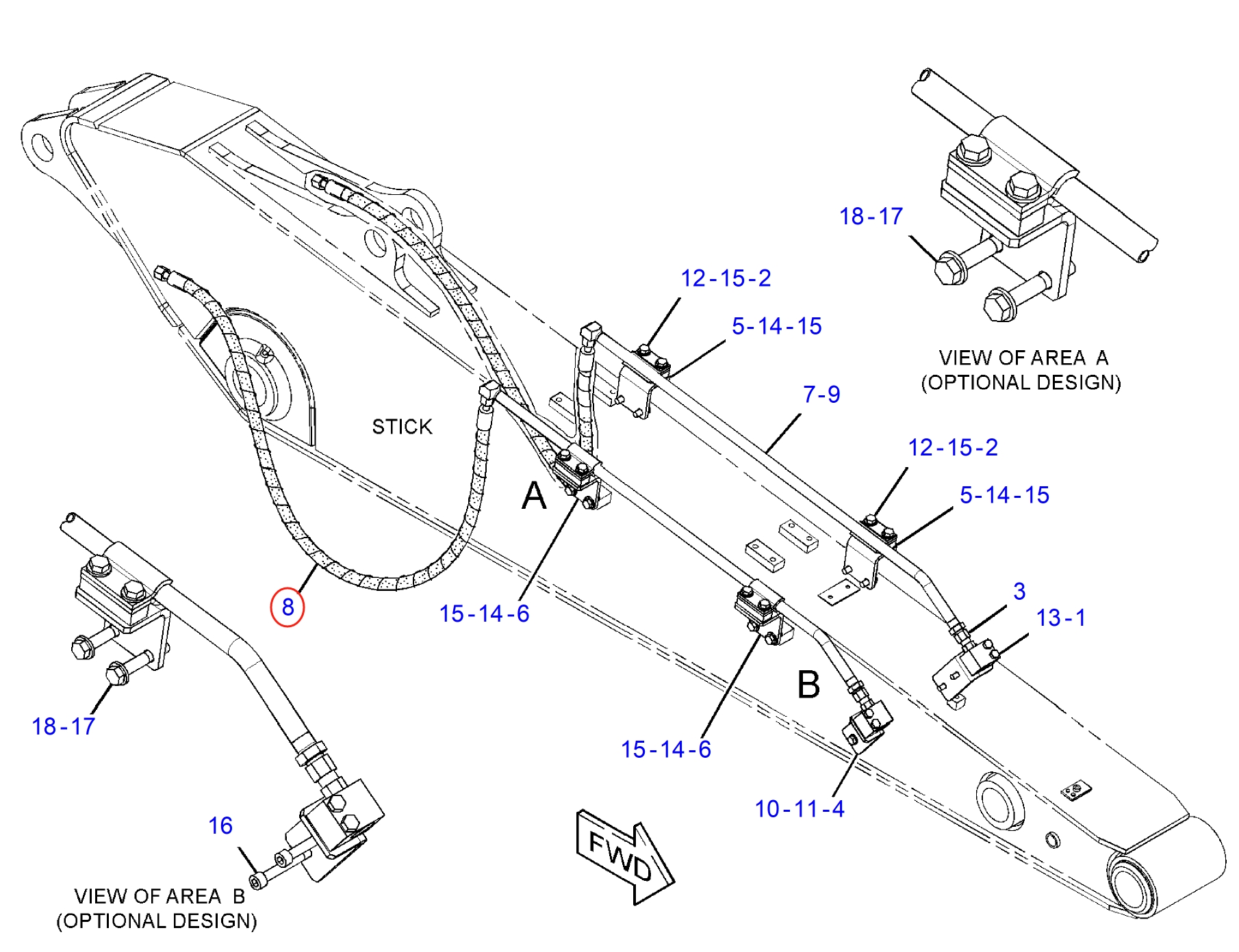 Caterpillar CAT®312D2 installation diagram showing hydraulic hose 288-7723 at Pipe No. 8