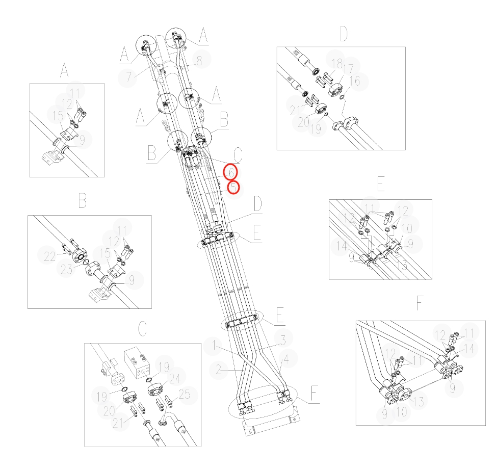 Sunward SWE235E-3 installation diagram showing hydraulic hose 730501003078 at Pipe No. 6