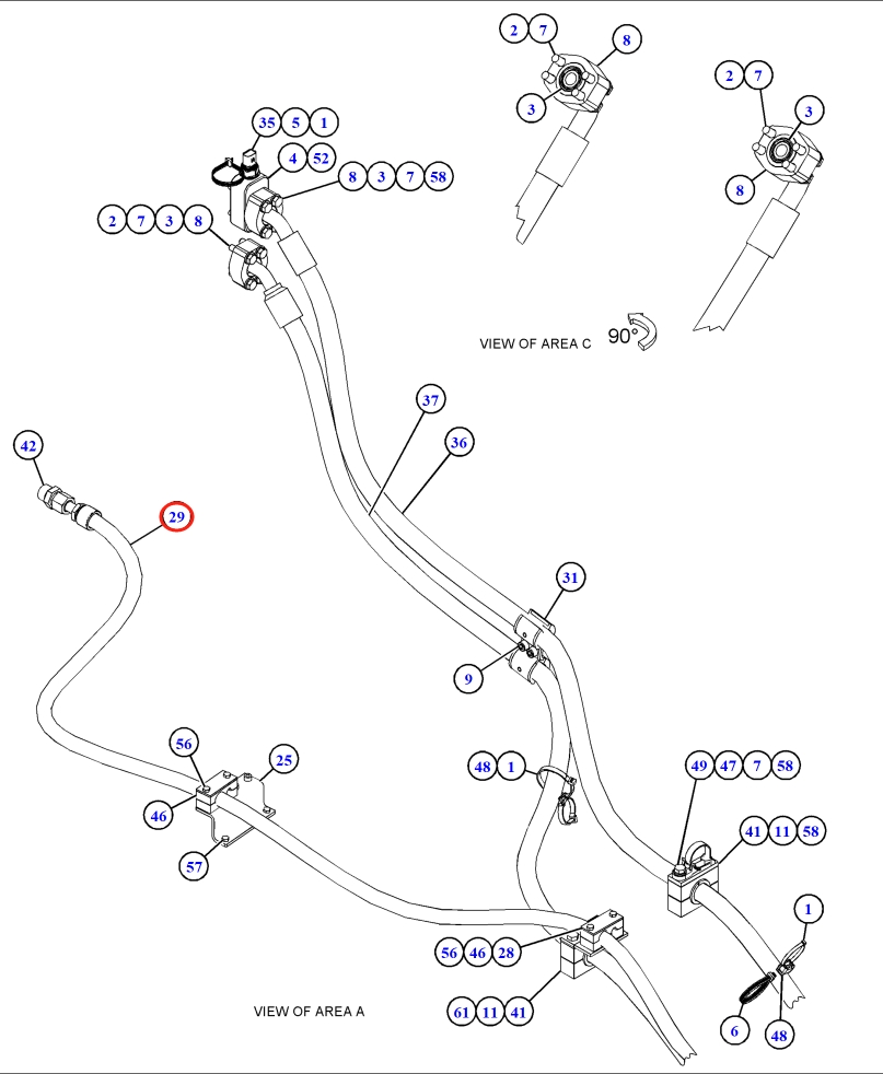 Caterpillar CAT®M315F installation diagram showing hydraulic hose 221-9470 at Pipe No. 29
