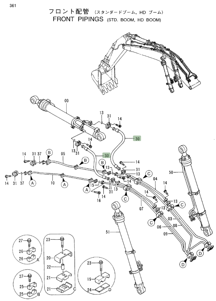 Hitachi EX400LC-3C installation diagram showing hydraulic hose 4311057 at Pipe No. 30