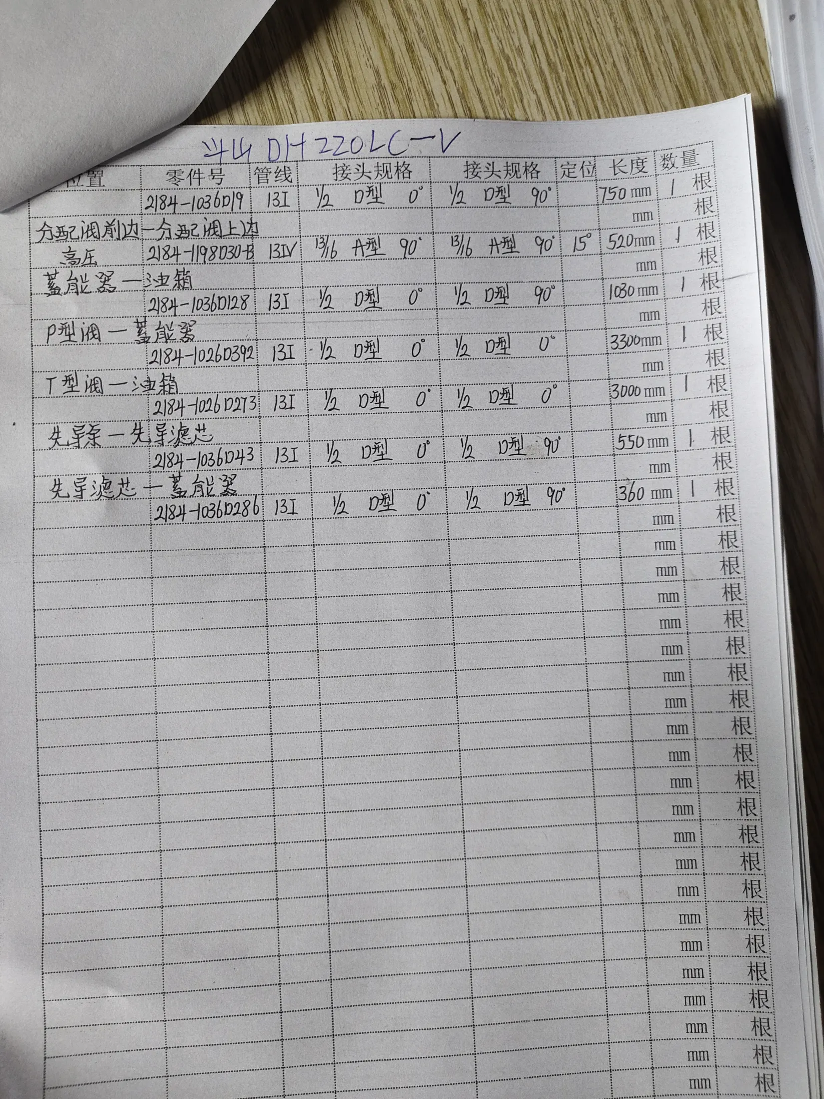 Doosan DH220LC-V hydraulic hose part numbers and recorded lengths — technician notebook page 2 of 5