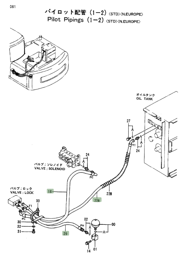 Hitachi EX100-2 installation diagram showing hydraulic hose 4285684 at Pipe No. 29