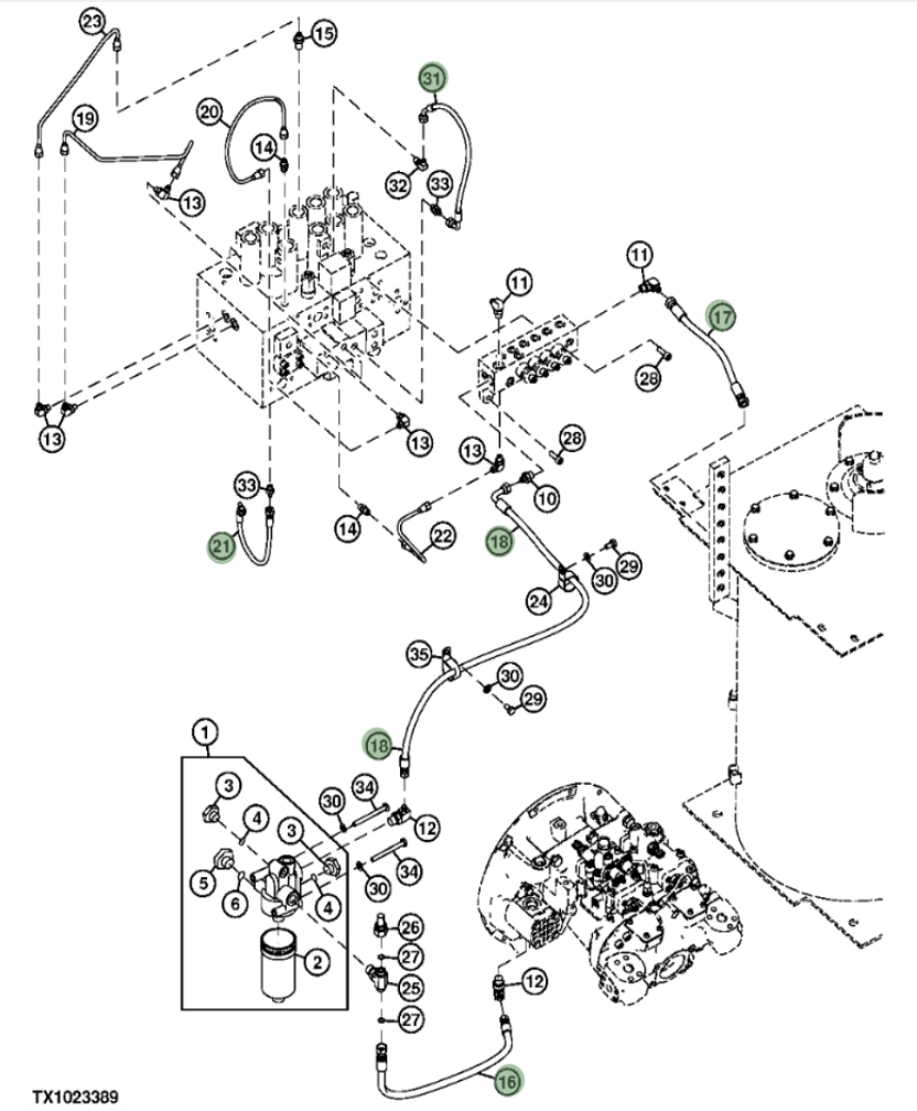 Hitachi ZX290F-3 installation diagram showing hydraulic hose 4643029 at Pipe No. 31