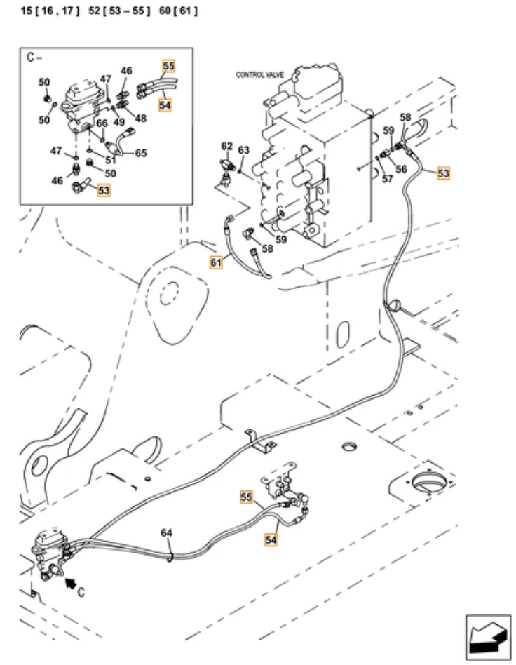 Case CX380C LC installation diagram showing hydraulic hose KHJ2309 at Pipe No. 61