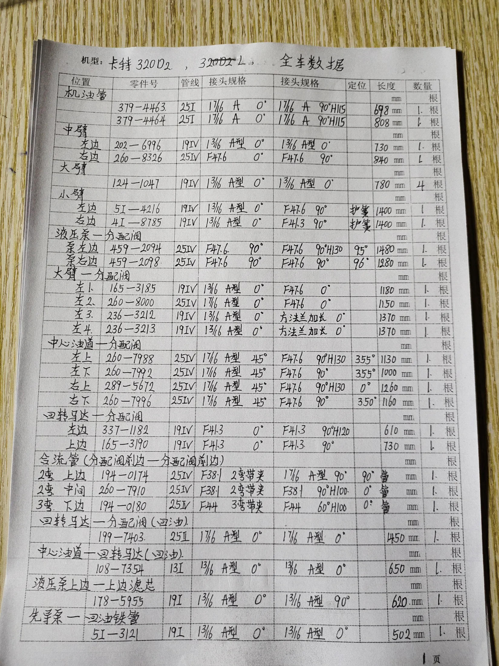 Caterpillar 320D2 hydraulic hose part numbers and recorded lengths — technician notebook page 1 of 5 — recorded hose parts 4I-8785, 5I-321, 5I-4216
