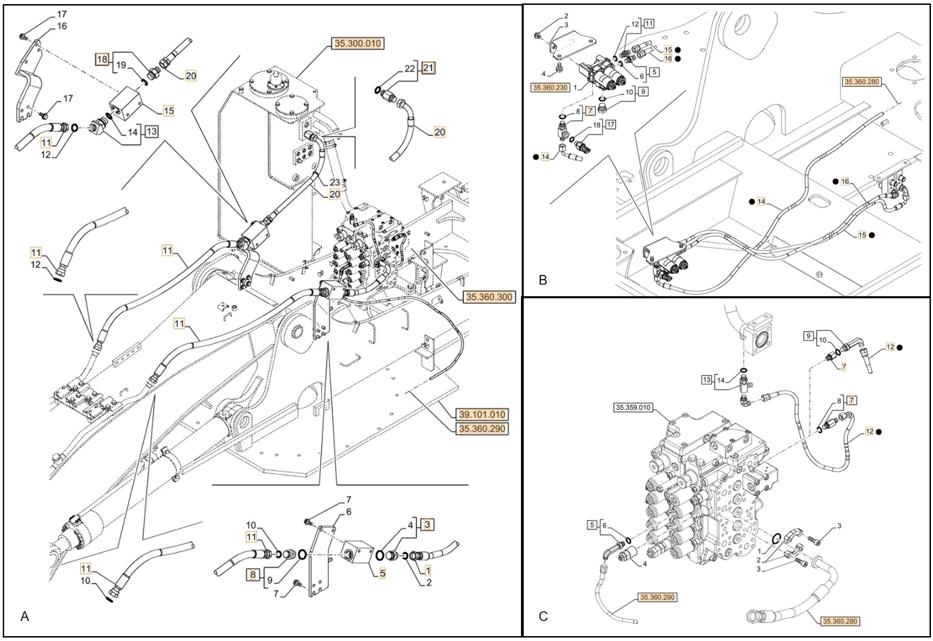 Case CX130D installation diagram showing hydraulic hose KHJ2092 at Pipe No. 15