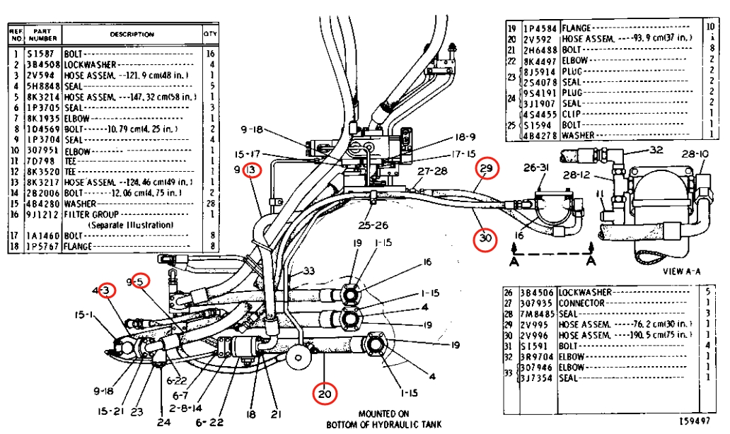 Caterpillar CAT®225 installation diagram showing hydraulic hose 2V-0996 at Pipe No. 30