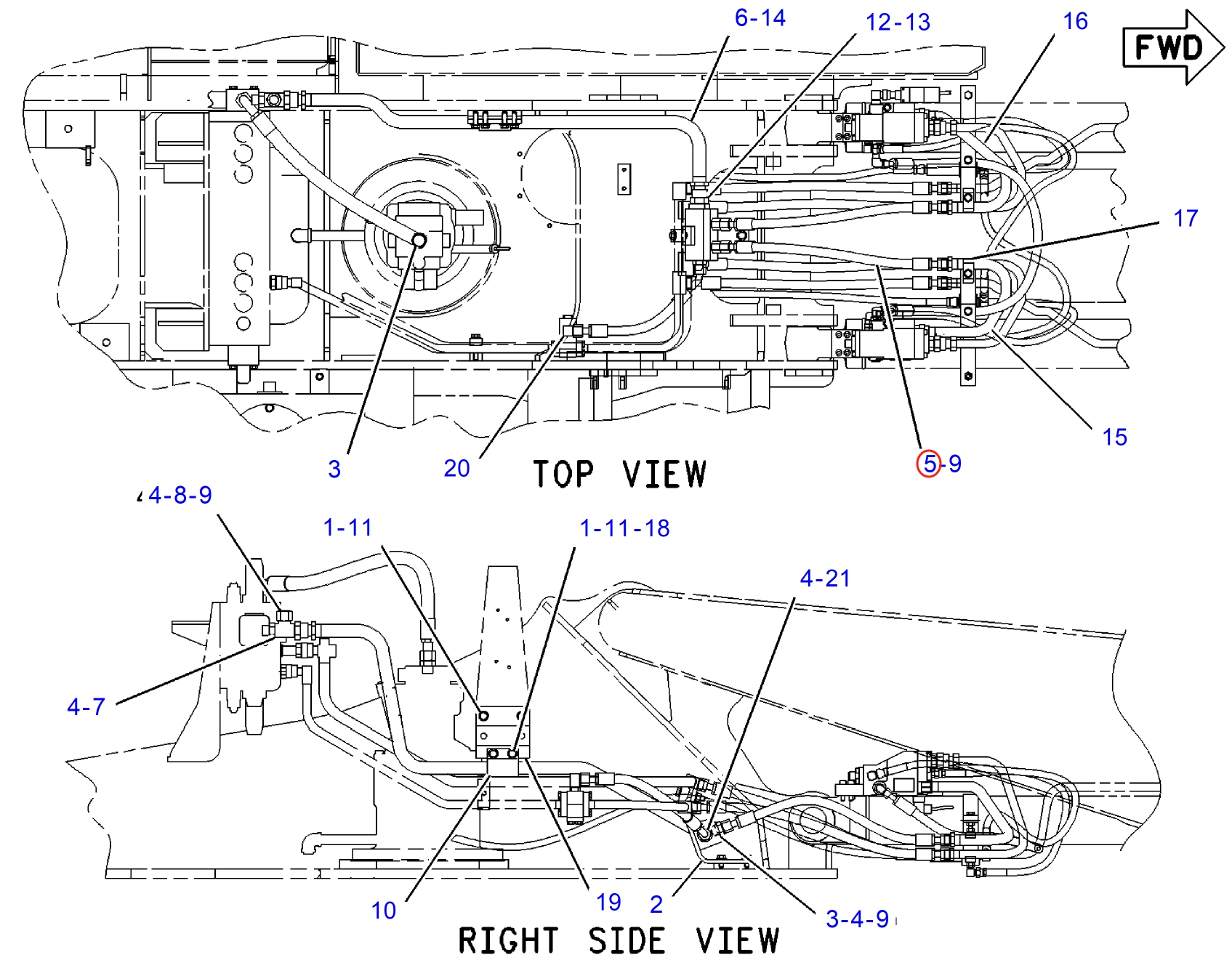 Caterpillar CAT®315-A installation diagram showing hydraulic hose 8R-2014 at Pipe No. 5
