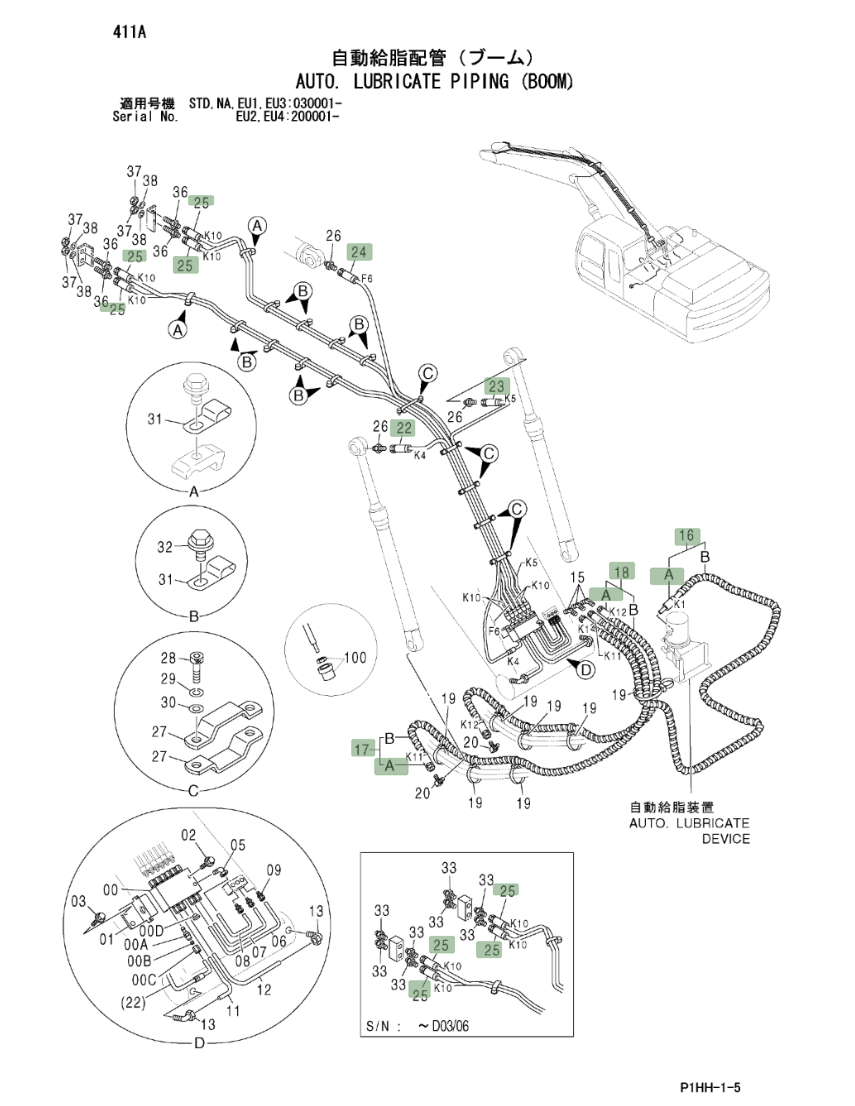 Hitachi ZX330LC installation diagram showing hydraulic hose 4401234 at Pipe No. 25