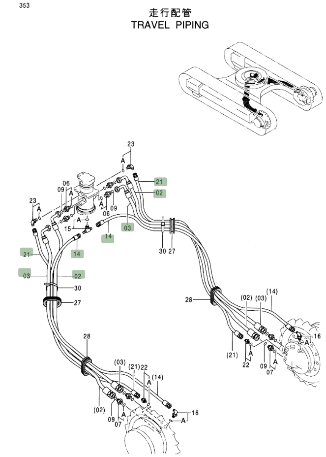 Hitachi EX120-5 installation diagram showing hydraulic hose 4286513 at Pipe No. 14