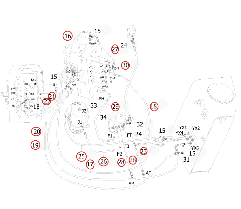 Sunward SWE500ES installation diagram showing hydraulic hose 730502001042 at Pipe No. 19