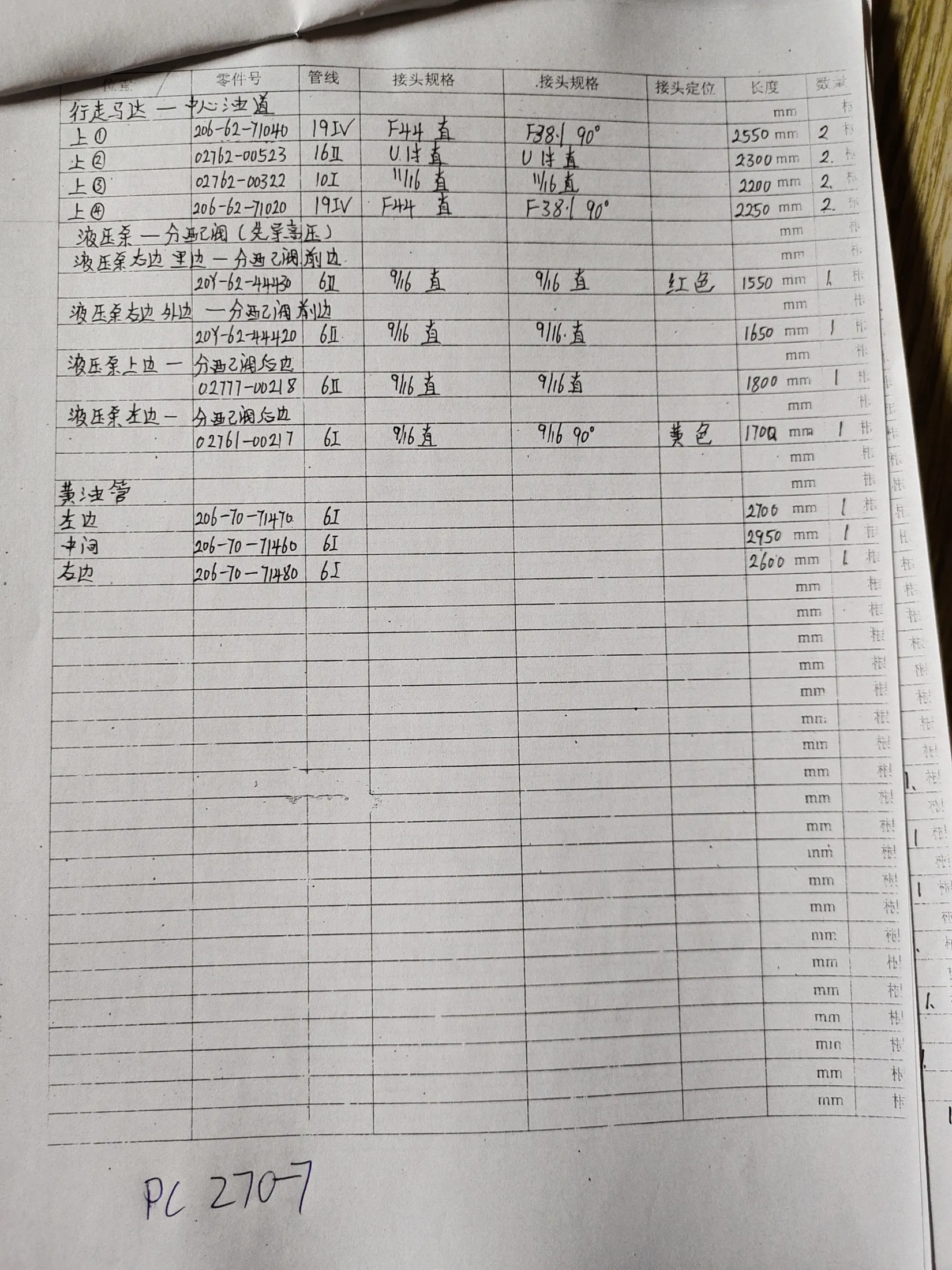Komatsu PC270-7LC hydraulic hose part numbers and recorded lengths — technician notebook page 2 of 6 — recorded hose parts 20Y-62-44420