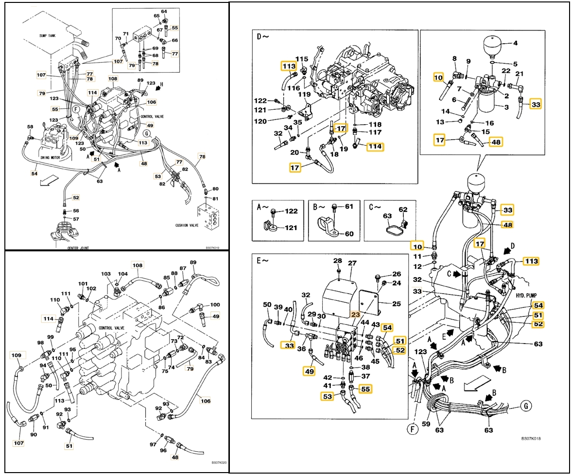 Case CX130B installation diagram showing hydraulic hose KHJ2066 at Pipe No. 78