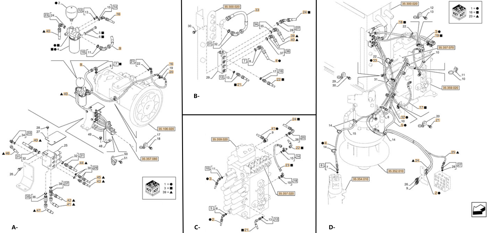 Case CX380D LC installation diagram showing hydraulic hose KHJ2076 at Pipe No. A43-D4