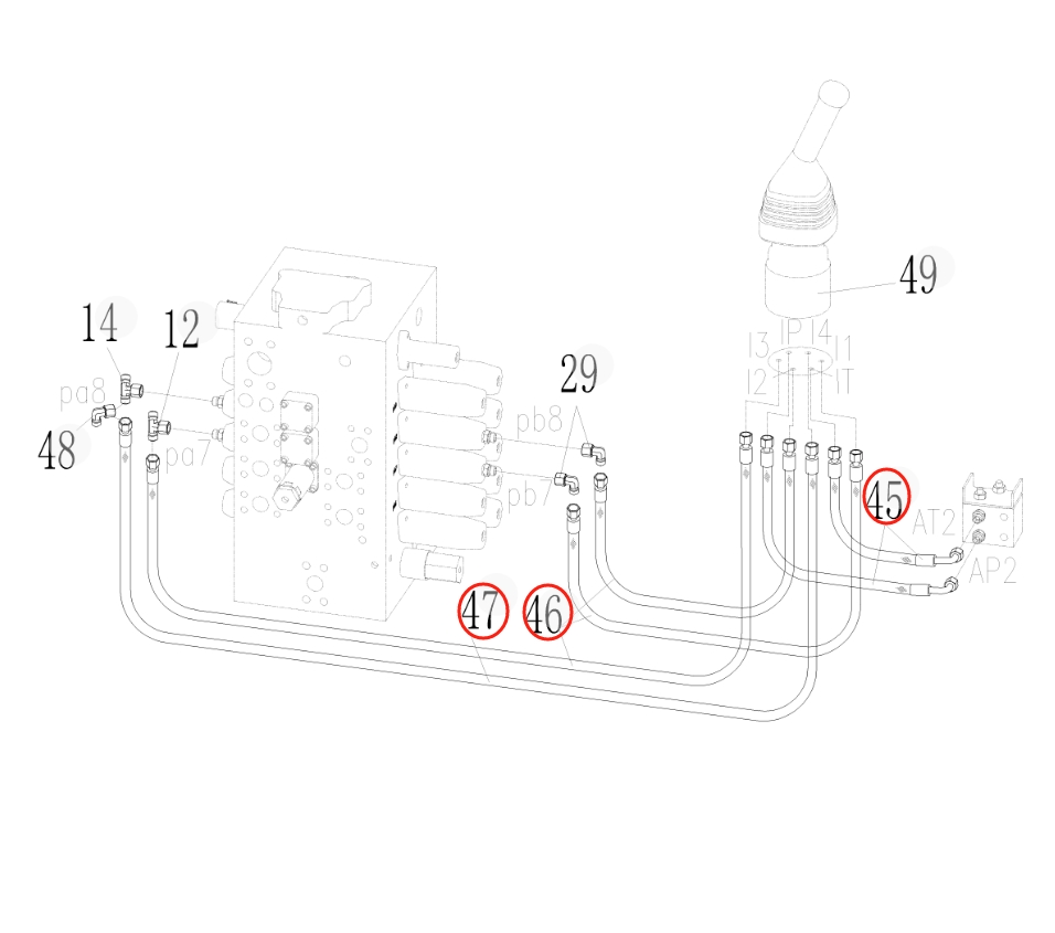 Sunward SWE215F-5 installation diagram showing hydraulic hose 730501001405 at Pipe No. 46