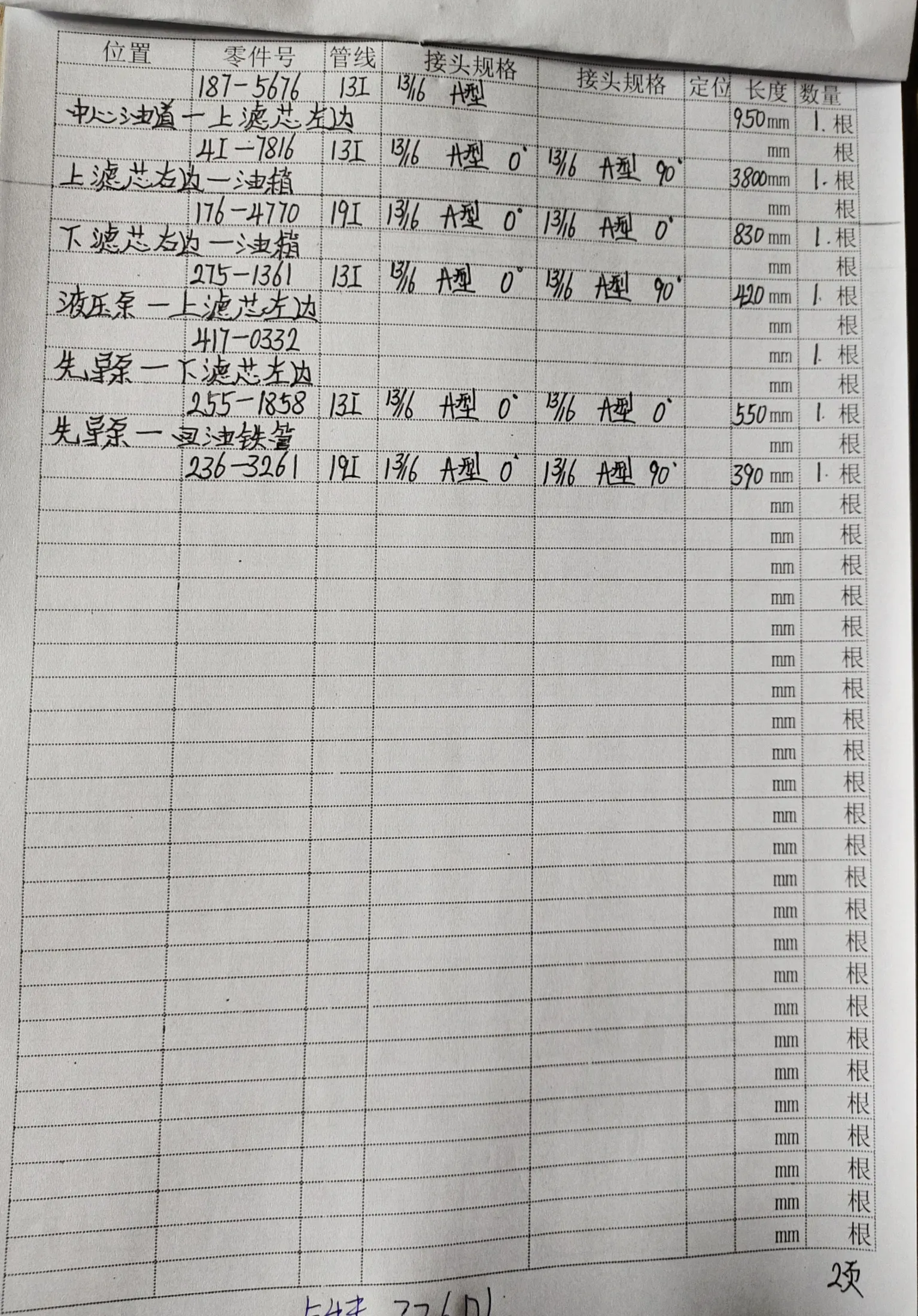 Caterpillar CAT®326D L hydraulic hose part numbers and recorded lengths — technician notebook page 2 of 5