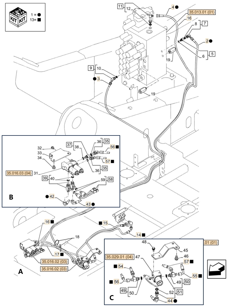 Case CX350C LC installation diagram showing hydraulic hose KHJ2087 at Pipe No. A14-C54