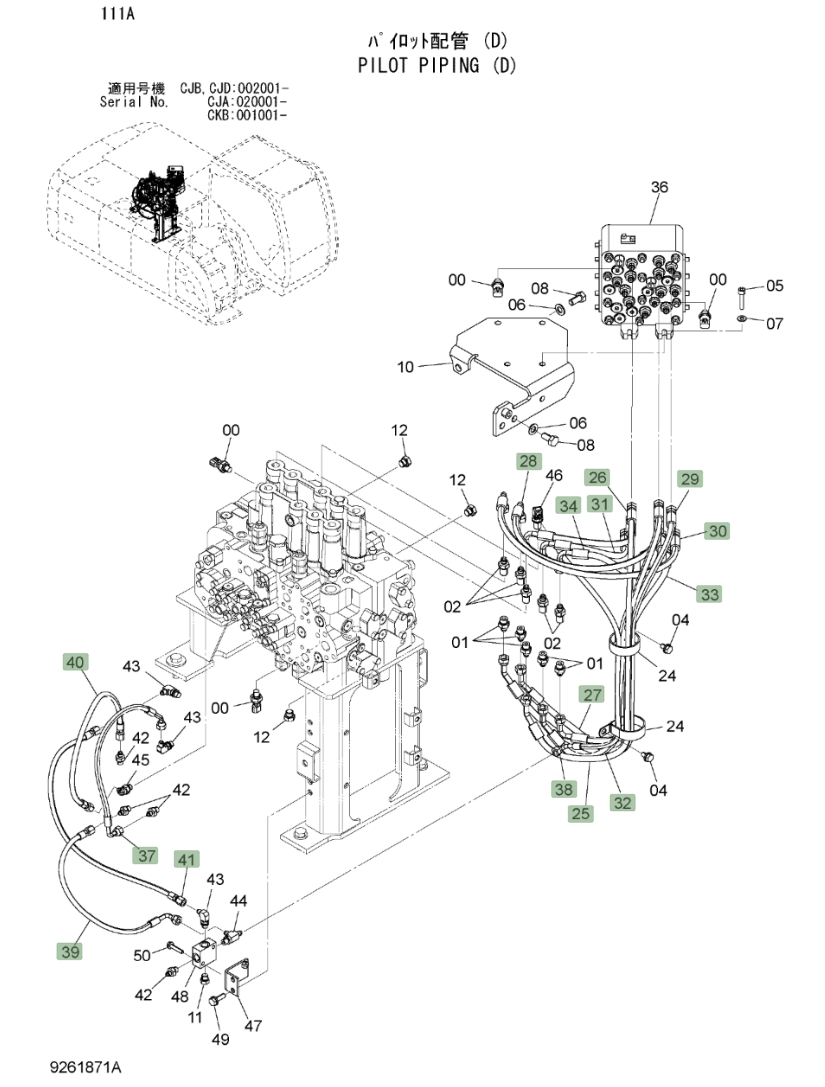 Hitachi ZX220W-3 installation diagram showing hydraulic hose 4630934 at Pipe No. 25