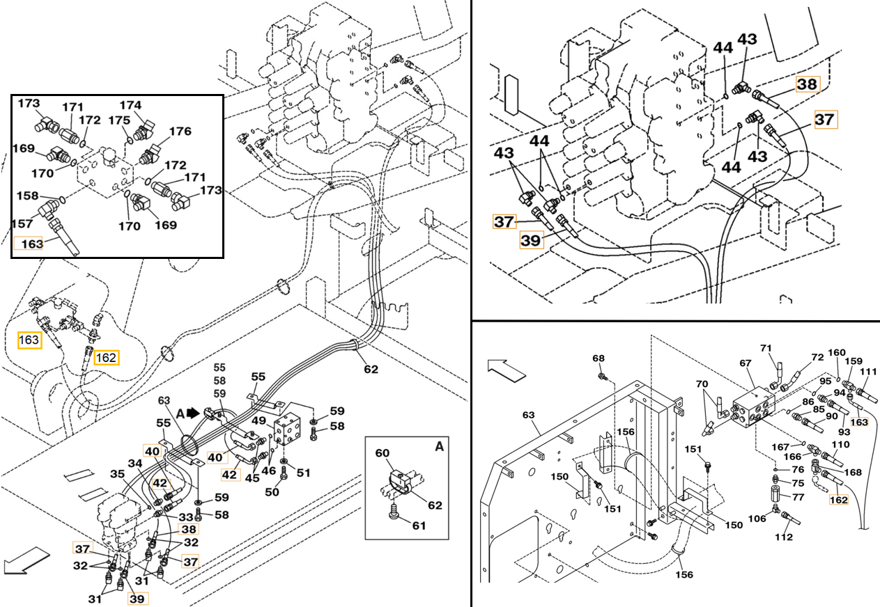 Case CX290 installation diagram showing hydraulic hose 152299A1 at Pipe No. 38