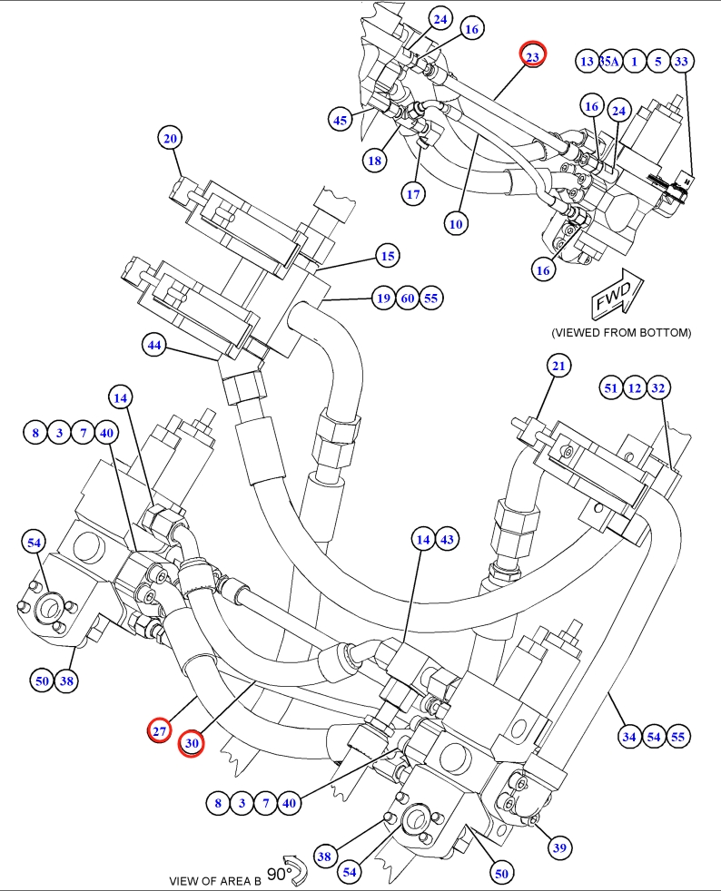 Caterpillar CAT®M315F installation diagram showing hydraulic hose 190-8539 at Pipe No. 23