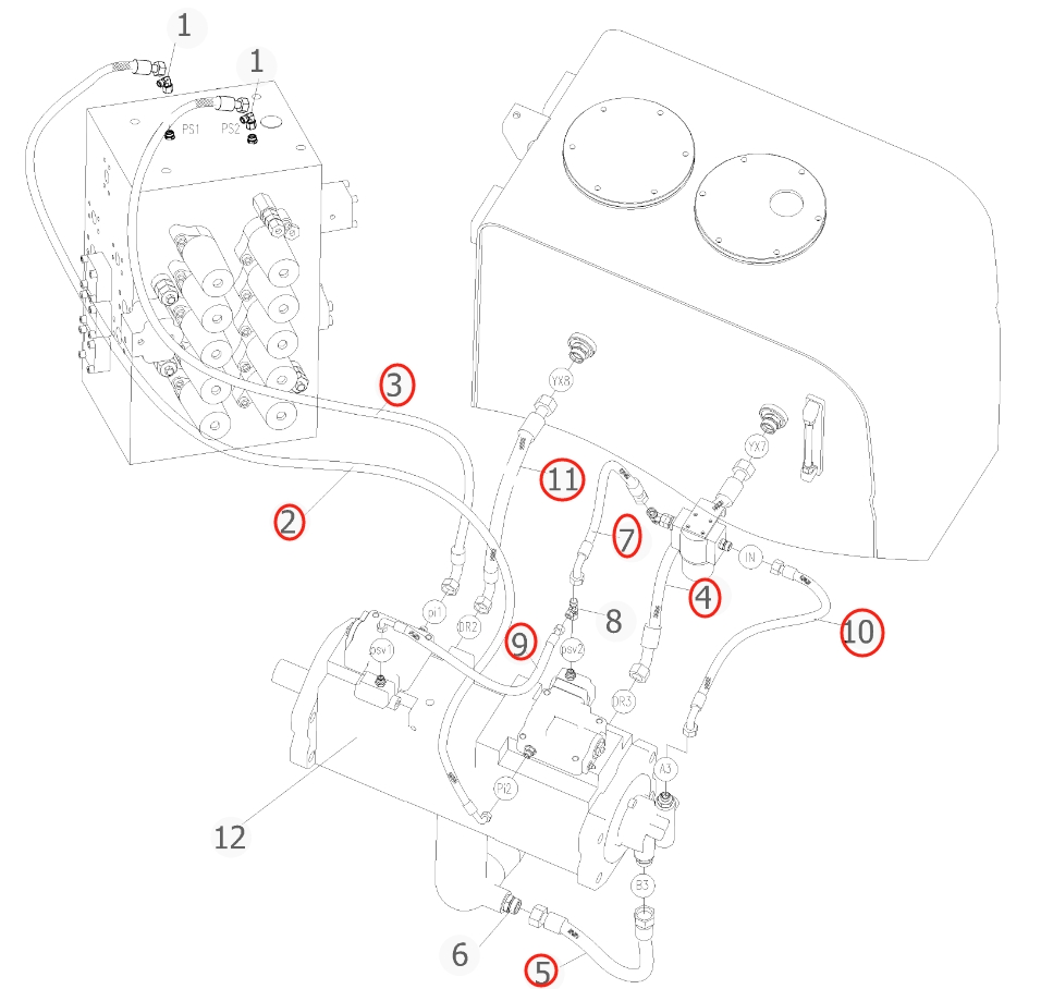 Sunward SWE500E-3 installation diagram showing hydraulic hose 730503000337 at Pipe No. 5