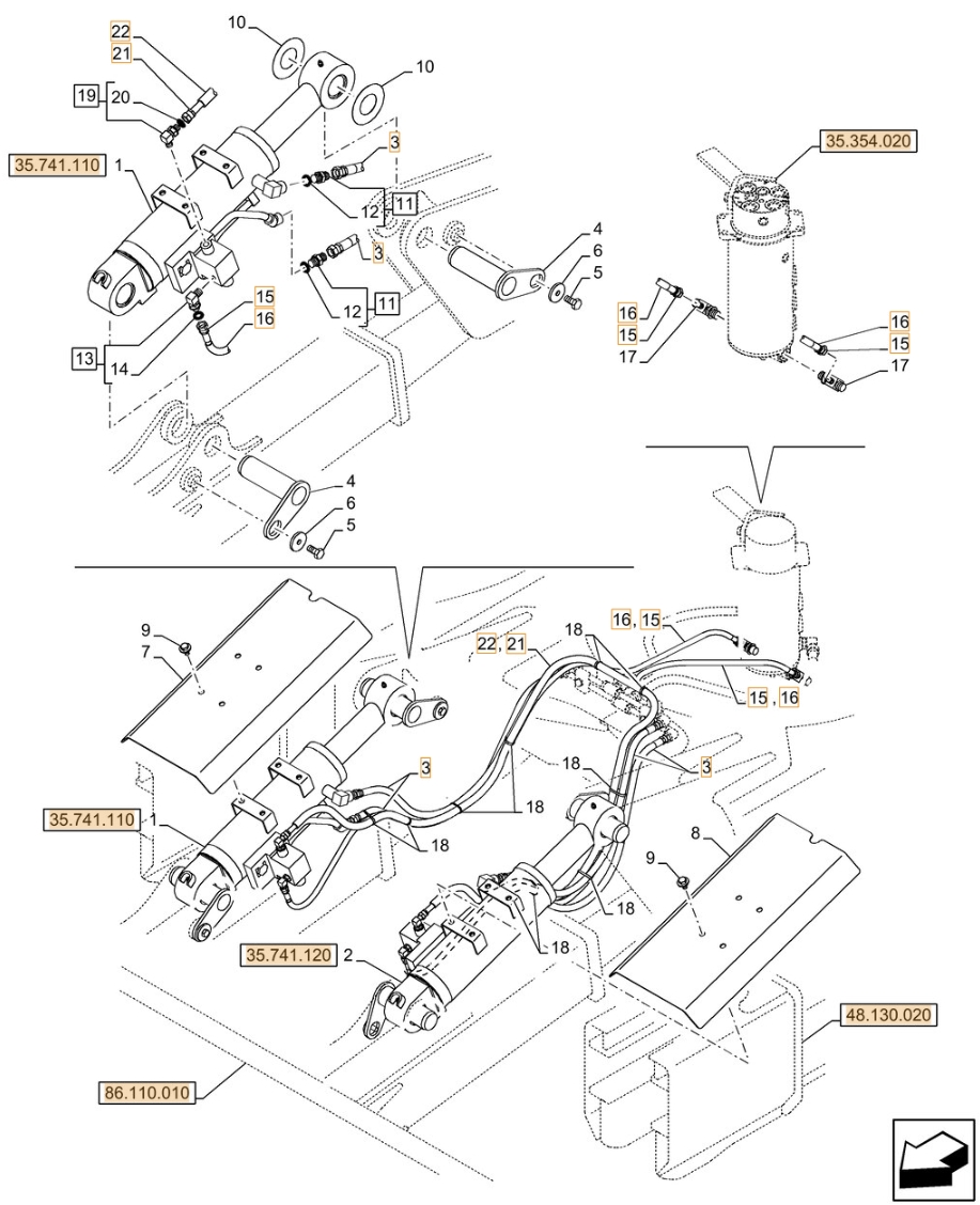 Case CX130D installation diagram showing hydraulic hose 159004A1 at Pipe No. 15