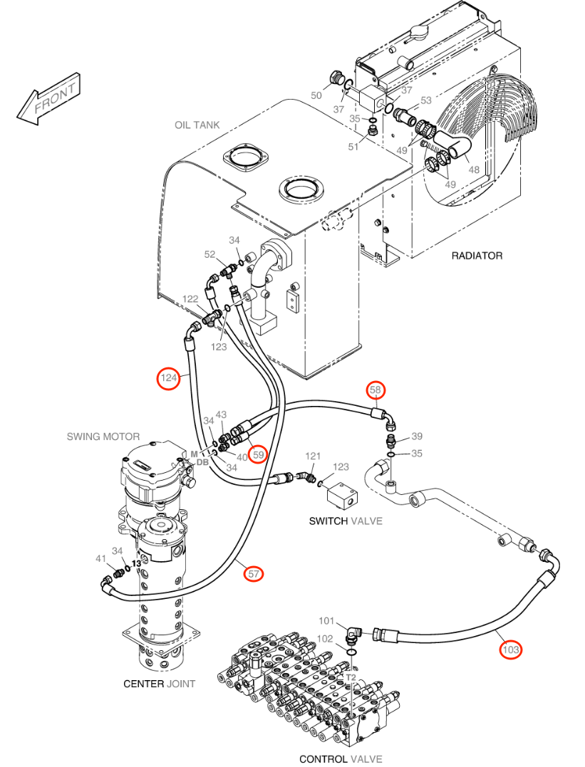 Doosan B55W-2 installation diagram showing hydraulic hose DS2055576 at Pipe No. 103