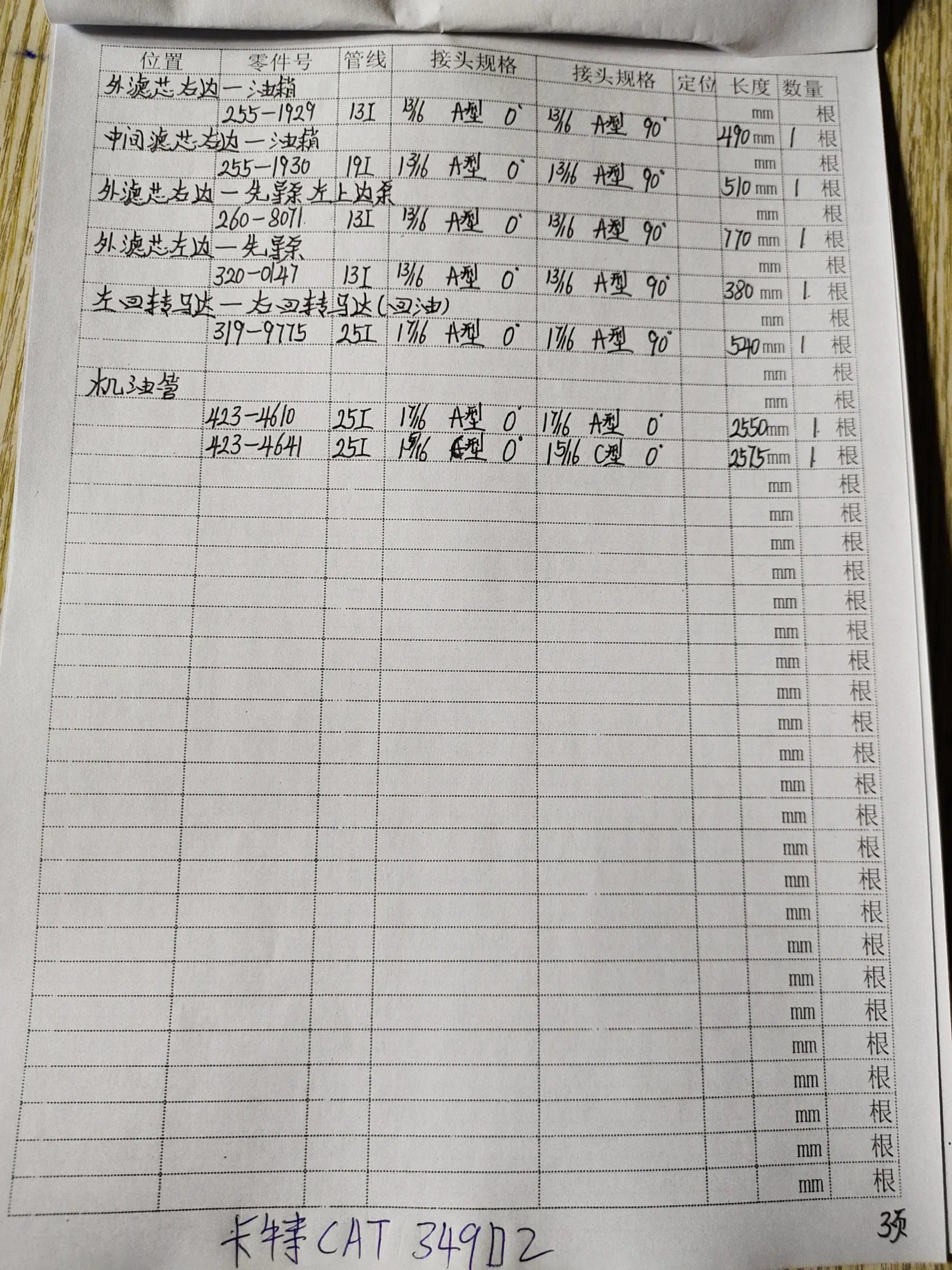 Caterpillar 349D2 hydraulic hose part numbers and recorded lengths — technician notebook page 3 of 7