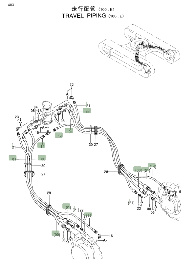 Hitachi EX100M-5 installation diagram showing hydraulic hose 4286512 at Pipe No. 21