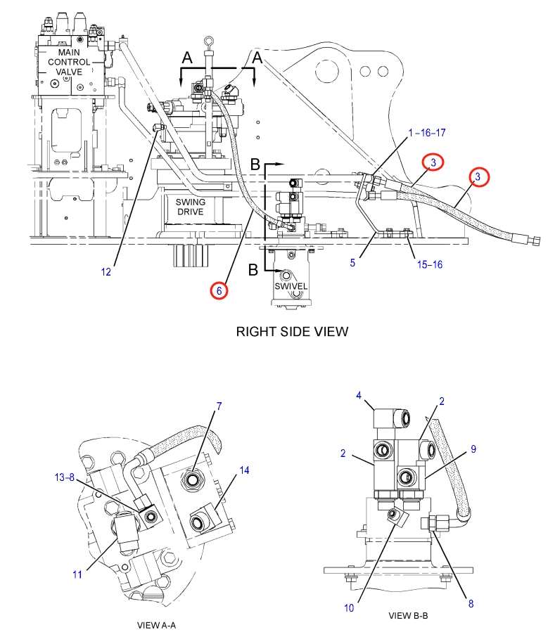 Caterpillar CAT®316F installation diagram showing hydraulic hose 184-9543 at Pipe No. 3