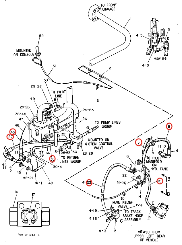 Caterpillar CAT®225D installation diagram showing hydraulic hose 6W-5415 at Pipe No. 35
