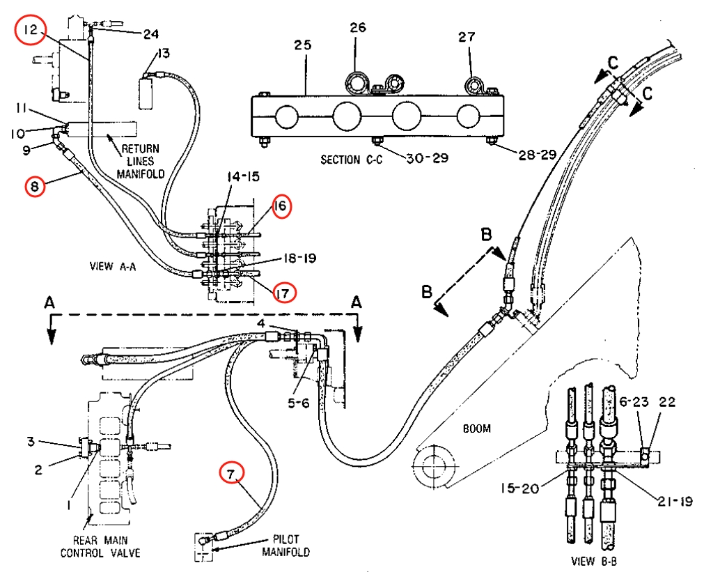 Caterpillar CAT®215B installation diagram showing hydraulic hose 6W-7640 at Pipe No. 8
