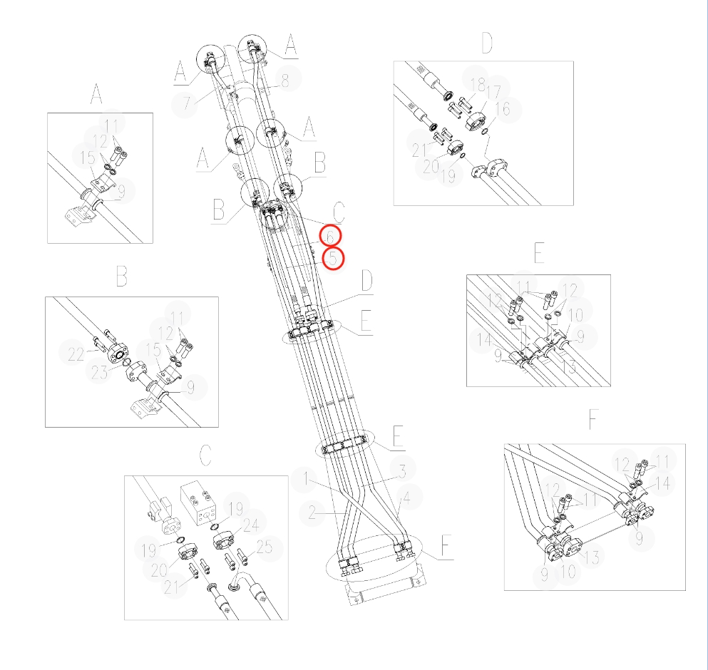 Sunward SWE235E-3H installation diagram showing hydraulic hose 730501002121 at Pipe No. 5