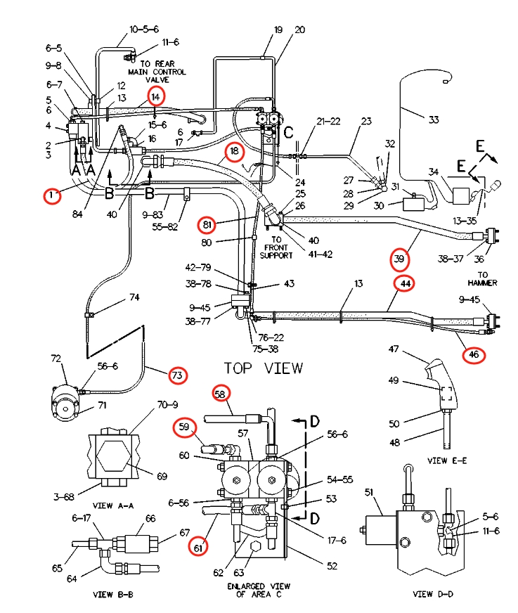 Caterpillar CAT®215D installation diagram showing hydraulic hose 3V-6802 at Pipe No. 59