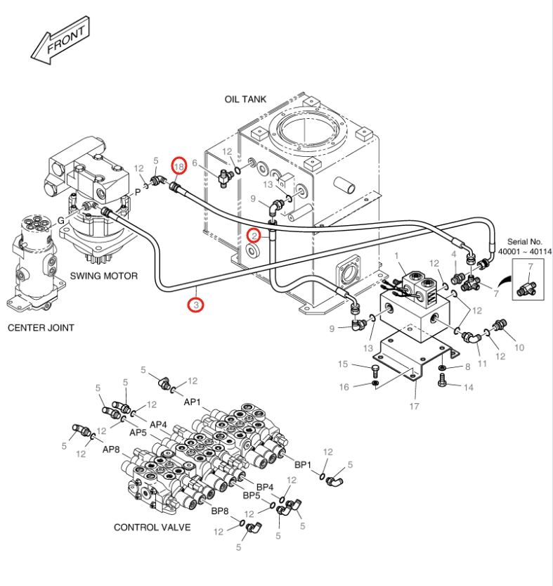 Doosan DX18 installation diagram showing hydraulic hose DS2093180 at Pipe No. 18