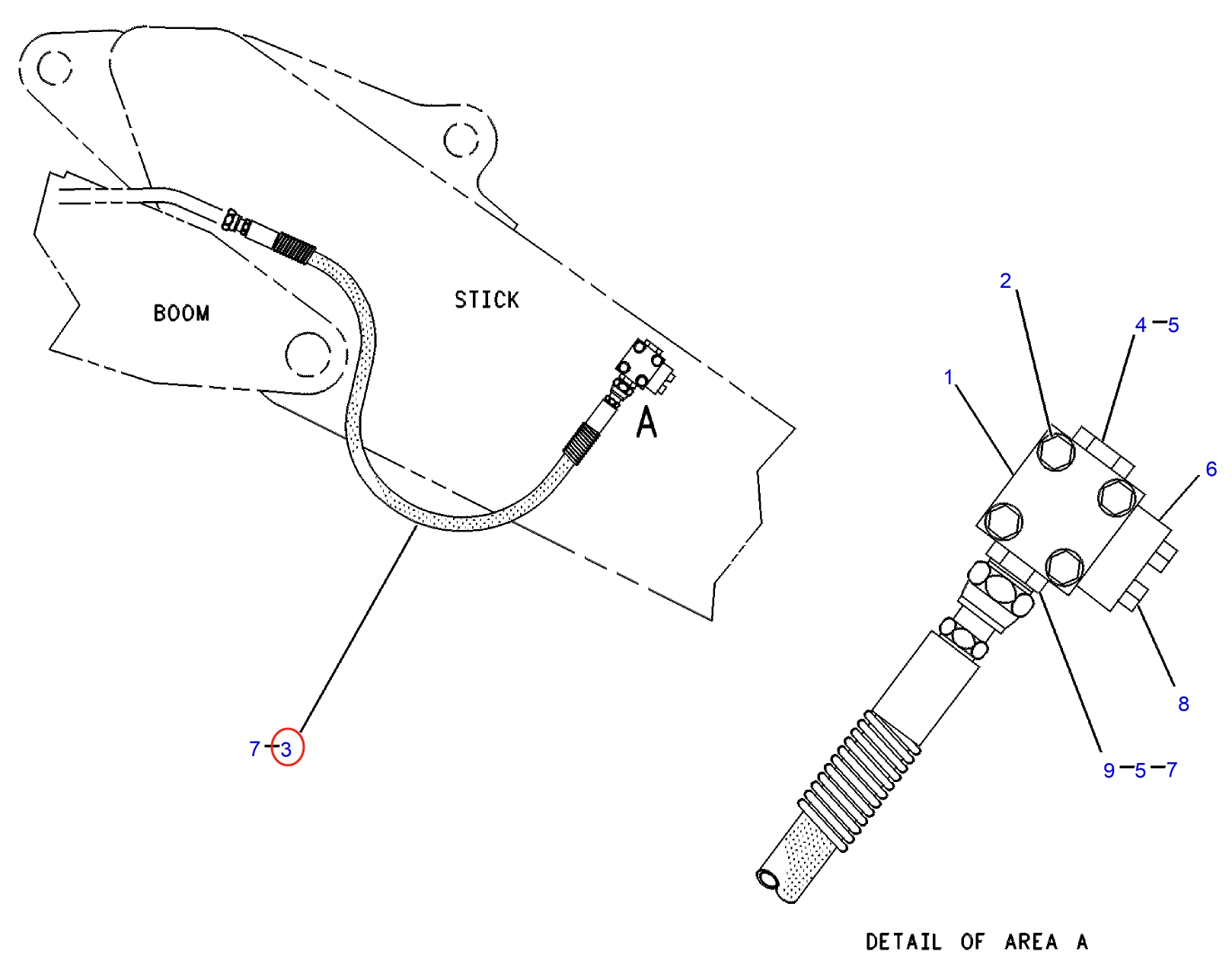Caterpillar CAT®312-A installation diagram showing hydraulic hose 7I-8385 at Pipe No. 3