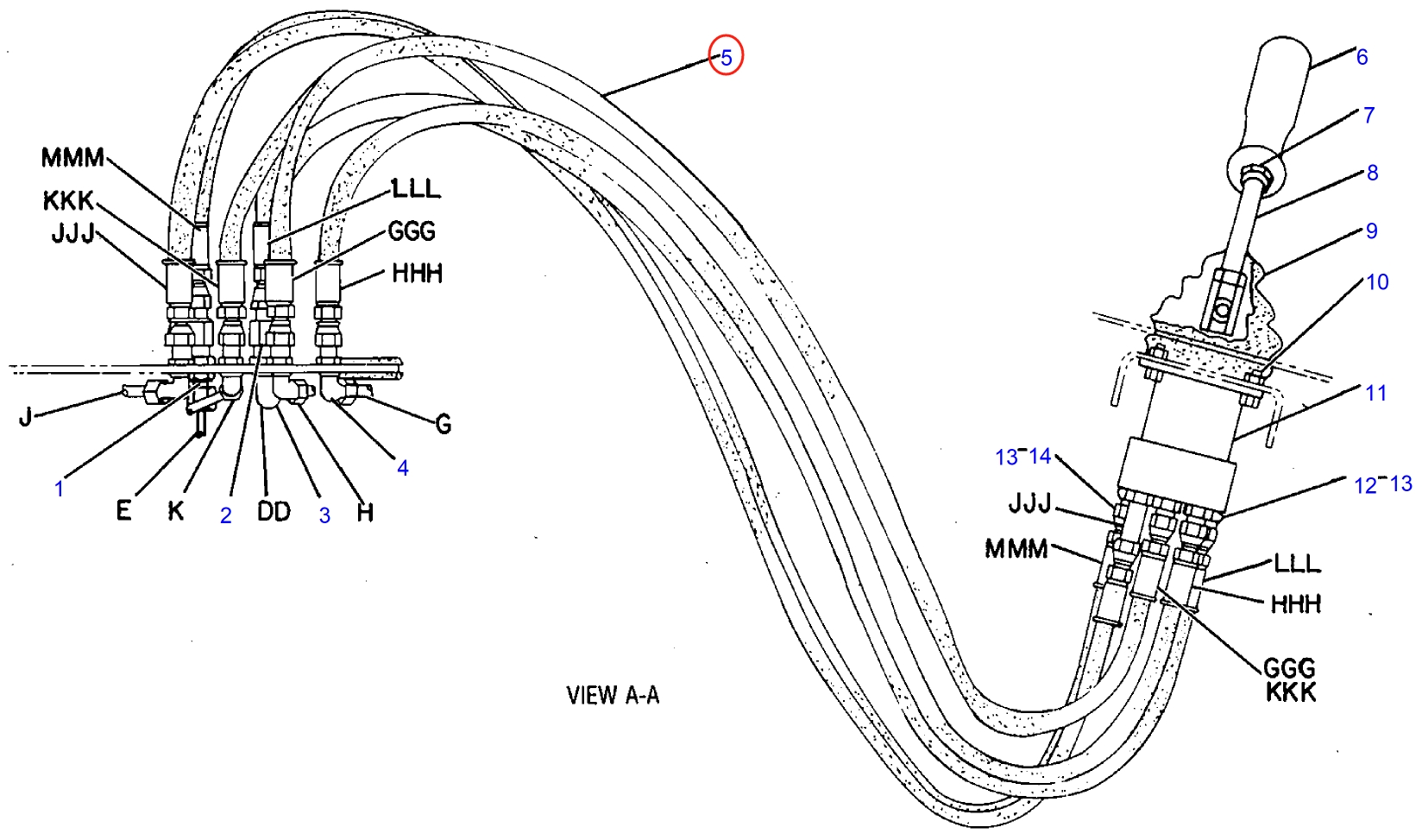 Caterpillar CAT®245 installation diagram showing hydraulic hose 8R-0944 at Pipe No. 5